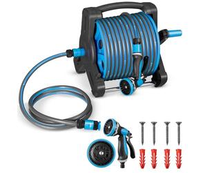 Carrello per tubo Juskys con tubo da 30 m e doccetta multifunzione - Avvolgitubo mobile con supporto da parete, ugello - Blu Grigio scuro