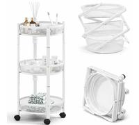 BAKAJI Carrello Pieghevole Salvaspazio Tondo a 3 Ripiani in Metallo, Carrellino Richiudibile Ergonomico Rotondo, Organizer 88 x 35 cm Ideale per Bagno, Cucina, Ufficio con 4 Ruote (Bianco)