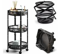 BAKAJI Carrello Pieghevole Salvaspazio Tondo a 3 Ripiani in Metallo, Carrellino Richiudibile Ergonomico Rotondo, Organizer 88 x 35 cm Ideale per Bagno, Cucina, Ufficio con 4 Ruote (Nero)