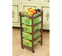 Carrello portafrutta JOLLY con cesti in plastica verdi e legno Noce.
