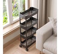 Carrello portaoggetti a 4 ripiani con ruote, sottile e impermeabile, per cucina, camera da letto, lavanderia, ufficio, bagno (colore nero, 3 strati, larghezza 15 cm)