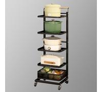 Carrello portaoggetti con cassetti, carrello da cucina per verdure e frutta, mensola in metallo nero, scaffale a 5 ripiani con 4 ripiani e 1 cestino, aiutante salvaspazio da cucina