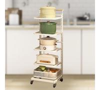 Carrello portaoggetti da cucina bianco su ruote, 5 ripiani e 1 cestino, supporto per forno a microonde, per dispense e piani di lavoro, mobili da cucina versatili