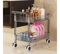 Carrello portaoggetti grigio a 2 livelli in acrilico per cucina e bagno, ripiani mobili con ruote bloccabili e maniglia, perfetto per nizzare gli spazi.