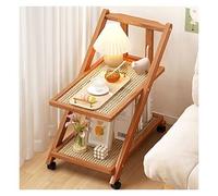 Carrello portaoggetti in legno multistrato con piano di lavoro in rattan e tavolino pieghevole su ruote, carrello per caffè, per soggiorno, camera da letto, cucina, marrone (2 strati)