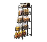 Carrello portaoggetti sottile, carrello in acciaio al carbonio con ruote, carrello scorrevole sottile a 3-5 livelli, carrello da cucina scorrevole for spazi stretti e lavanderia.(Black,107x40x22cm)