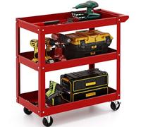 Carrello portautensili con ruote, carrello portautensili con ruote, carrello portautensili mobile in acciaio per impieghi gravosi, ripiani per garage (rosso, 3 ripiani, 79x38x76 cm