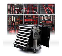 Mephisto Carrello portautensili da officina con ripiano in acciaio inox e 8 cassetti, 8 di cui con attrezzi come chiave ad anello, cricchetto con scatola di noci ecc. In Soft Inlays effetto carbonio