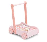 Navaris Carrello Primi Passi Girello Legno - Gioco Interattivo 46x Costruzioni per Bambini +18 Mesi - Carrellino 4 Ruote Passeggino Primipassi - Rosa