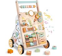 Carrello Primi Passi in Legno per Bambini - Girello Montessori con Centro Attività - Altezza e Velocità Regolabili - Giocattolo Educativo per Bimbi 12+ Mesi, Bambine e Bambini di 1 Anno