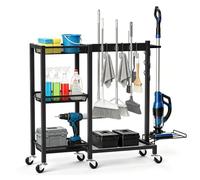 Carrello Pulizie con 6 Clip e 6 Ganci, Organizer per Pulizie a 3 Livelli | Porta Scope e Attrezzature per Pulizie - Portata 160 kg per Casa, Hotel, Scuola e Ufficio