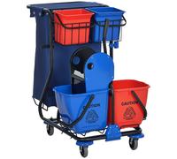 Carrello Pulizie con Sacco per Immondizia, 4 Secchi e Strizzatore per Mocio, 93x80x97 cm, Rosso Blu e Nero