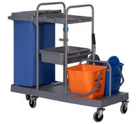 Carrello Pulizie Professionale 2 Secchi con Strizzatore e 3 Ripiani Grigio Blu e Arancione