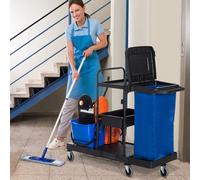 Carrello Pulizie Professionale a 3 Ripiani con Sacco per Immondizia, Ganci per Scopa, Secchio Lavapavimenti con Strizzatore per Mocio e 5 Ruote, per Hotel e Albergo, 111x63,3x103 cm, Nero