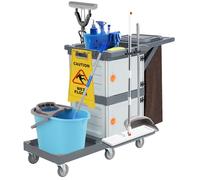 Carrello Pulizie Professionale,Carrello Per Pulizie Commerciali Di Hotel e Ospedali Con Armadietti Ripiani,Carrelli Multiuso Per Pulizia Con 6 Ruote e Sacco in Vinile Per Ufficio, Hotel, Capacità 300