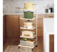 Carrello scorrevole da cucina in metallo bianco con ruote, 5 ripiani e 1 cestello, carrello multiuso per dispensa e armadio, soluzione salvaspazio