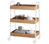 BAKAJI Carrello Trolley Cucina in Metallo con 3 Ripiani in legno e 4 Ruote girevoli a 360 Gradi con Freno Trolley Salvaspazio Arredamento Casa Cucina Dimensione 49 x 70 x 28 cm Design Moderno (Bianco)