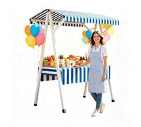 Carretto da Mercato Portatile Pieghevole con Baldacchino - Stand Venditore Pop-up a Righe con Struttura A Pieghevole, Grande Tavolo Espositivo per Mercato Agricolo(Blue,130cm/51in)