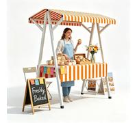 Carretto da Mercato Portatile Pieghevole con Baldacchino - Stand Venditore Pop-up a Righe con Struttura A Pieghevole, Grande Tavolo Espositivo per Mercato Agricolo(Orange,160cm/63in)