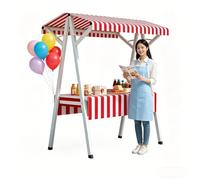 Carretto per Mercato Agricolo con Baldacchino - Stand Venditore Portatile a Righe Pieghevole con Struttura A-Frame e Grande Tavolo Espositivo per Stand di Dessert, Pop-Up Shops(Red,110cm/43in)