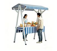 Carretto per Mercato Agricolo con Baldacchino - Stand Venditore Portatile a Righe Pieghevole con Struttura A-Frame e Grande Tavolo Espositivo per Stand di Dessert, Pop-Up Shops(Blue,190cm/75in)