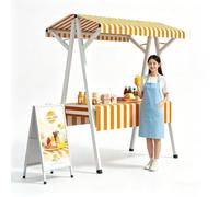 Carretto per Mercato Agricolo con Baldacchino - Stand Venditore Portatile a Righe Pieghevole con Struttura A-Frame e Grande Tavolo Espositivo per Stand di Dessert, Pop-Up Shops(Orange,160cm/63in)