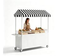 Carretto Venditore Mobile con Baldacchino a Righe - Stand Ambulante di Concessione Mobile su Ruote, Ampio Piano di Lavoro con Ringhiere & Scaffali Aperti per Catering, Mercati(White,100cm/39in)