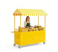 Carretto Venditore Mobile con Baldacchino a Righe - Stand Ambulante di Concessione Mobile su Ruote, Ampio Piano di Lavoro con Ringhiere & Scaffali Aperti per Catering, Mercati(Yellow,100cm/39in)