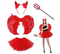 Carreuty Costume da diavolo per ragazze e donne, set di 4 pezzi, con ali d'angelo e tutù rosso, forcella e corna da diavolo, fascia per capelli, per la Giornata mondiale del libro, Halloween, cosplay