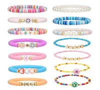 Carreuty Set di 14 braccialetti dell'amicizia con perline colorate | Con lettere, cuore, faccina sorridente, stella, corda elastica BFF regalo dell'amicizia per ragazze surfiste estive