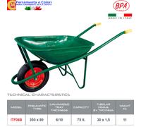 Carriola Edilizia Giardino in Lamiera Verde 75 Litri Ruota 35 cm Made In Italy