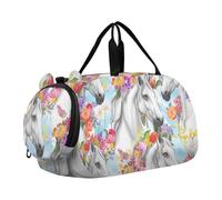 Carry on Duffel Bag Ragazzi Pernottamento Weekender Duffel Viaggio Duffle Borse Ragazze Tote Duffle Bag per Bambini Giallo Girasole Nero Bianco Griglia, Bellissimi cavalli bianchi fiori, classico