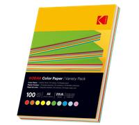 KODAK Color Paper - Carta Colorata, Confezione da 100 Fogli, 80g/m², Formato A4 (21x29,7 cm), Bilaterale, Assortita in 10 Colori (Rosso, Arancio, Giallo, Verde, Blu, Rosa), Stampa a Inchiostro