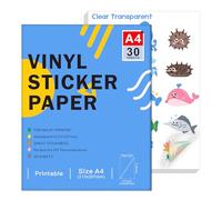Carta adesiva in vinile stampabile per stampante a getto d'inchiostro - Formato A4 (297 x 210 mm) Adesivo autoadesivo impermeabile compatibile con Cricut, colori vivaci (Trasparente, 30 Sheets)