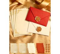 Carta da Lettere con Busta, Set 36 Pezzi carta cancelleria Vintage con 20 Pergamena Scrivere, 8 Buste Lettera & Sigillo Ceralacca Oro rosa, per Love Letter Partecipazioni Matrimonio Inviti Compleanno