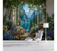 Carta da parati 150x105cm - Murale alla Lago Serra 3D Decorazione da Muro Poster Gigante Vista Dalla Finestra Tessuto di Seta per Camere Soggiorno Ufficio, Verde