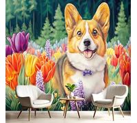 Carta Da Parati 150X105Cm Tulipano Corgi Fotomurali Seta Murale Alla Decorazione Da Muro Xxl Poster Cameretta Per Camera Da Letto Soggiorno Animali Fantastici 3D Pittura Marrone