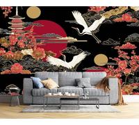 Carta Da Parati 200L × 140A Cm - Murale Motivo Giapponese Decorazione Da Muro Poster Gigante Design, Tessuto Di Seta Carta Per Pareti Gru Fiore Di Ciliegio Adatto Camere Soggiorno Ufficio,Rosso