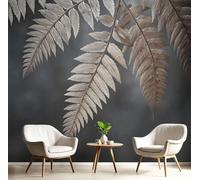 Carta da Parati 200x140cm Fotomurali in Seta Nebbia Decorazione da Muro Foglie Di Felce Beige-Argento XXL Poster Gigante per Soggiorno Camera Da Letto Bagno, Grigio Scuro