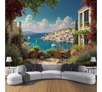 Carta da parati 250×170cm Fotomurali in Murale Decorazione da Muro Isole Greche, Fotomurali Non Tessuto Mediterraneo Città Camera da Letto, Ristrutturazione di Pareti Blu