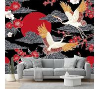 Carta Da Parati 250 x 175 cm Sfondo Fotografica Grande Poster Stile Giapponese Gru Fiori Murale, Ristorante Soggiorno Tv Parete Camera Letto Decorazione Della Parete Murali, Rosso Oro
