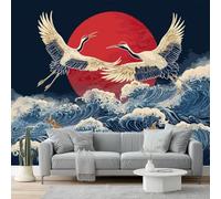 Carta da parati 250 x 176 cm - Colorato Fotomurali Murale alla moda Decorazione da Muro Poster Design Cameretta Carta per pareti - Giapponese Onde Gru Sole Progettazione di stampa