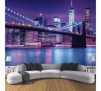 Carta Da Parati 300L × 210A Cm - Murale Vista Notturna Del Ponte Brooklyn Decorazione Da Muro Poster Gigante Design, Tessuto Seta Carta Per Pareti Grattacieli Adatto Camere Soggiorno Ufficio,Rosa