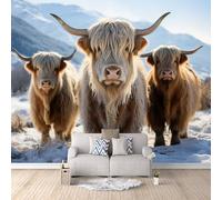 Carta da parati 350×256 cm, Mandria Di Bovini Fotomurali in non tessuto Murale alla moda Decorazione, per soggiorno, camera da letto, adulti, bambini, Bovini Delle Highlands Nella Neve In Inverno