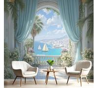 Carta da parati 350× 256cm Fotomurali in Murale Decorazione da Muro Vista Mare Fuori Dalla Finestra, Fotomurali Non Tessuto Natura Porto Camera da Letto, Ristrutturazione di Pareti Blu