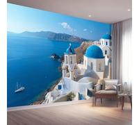 Carta da Parati 350 x 256 cm, Architettura Della Chiesa Paesaggio Dell'Isola Poster Giganti da Parati Sfondo Murale Fotografica per Soggiorno Camera Camera dei Bambini Decorazione, Blu Bianco