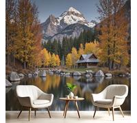 Carta Da Parati 350X260Cm Capanna Nella Foresta Fotomurali Seta Murale Alla Decorazione Da Muro Xxl Poster Cameretta Per Camera Da Letto Soggiorno Paesaggio Autunnale 3D Pittura Bianco Dorato