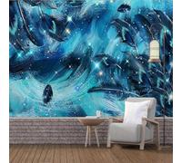 Carta da parati 3D con cielo stellato e piume blu ideale come sfondo per il divano del soggiorno per la decorazione della casa o come decorazione murale.