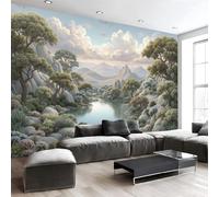 Carta da Parati 3D con Stampa Annata Paesaggio Laghi Rocce Vegetazione, Carta da Parati Fotografica Grigio-verde, Tessuto di Seta Decorazione Murale da Parete, 400Lx280A cm (Larghezza x Altezza)