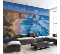 Carta da Parati 3D con Stampa Scenari Naturali Spiagge Scogliere, Carta da Parati Fotografica Blu, Tessuto di Seta Decorazione Murale da Parete, 450Lx315A cm (Larghezza x Altezza)